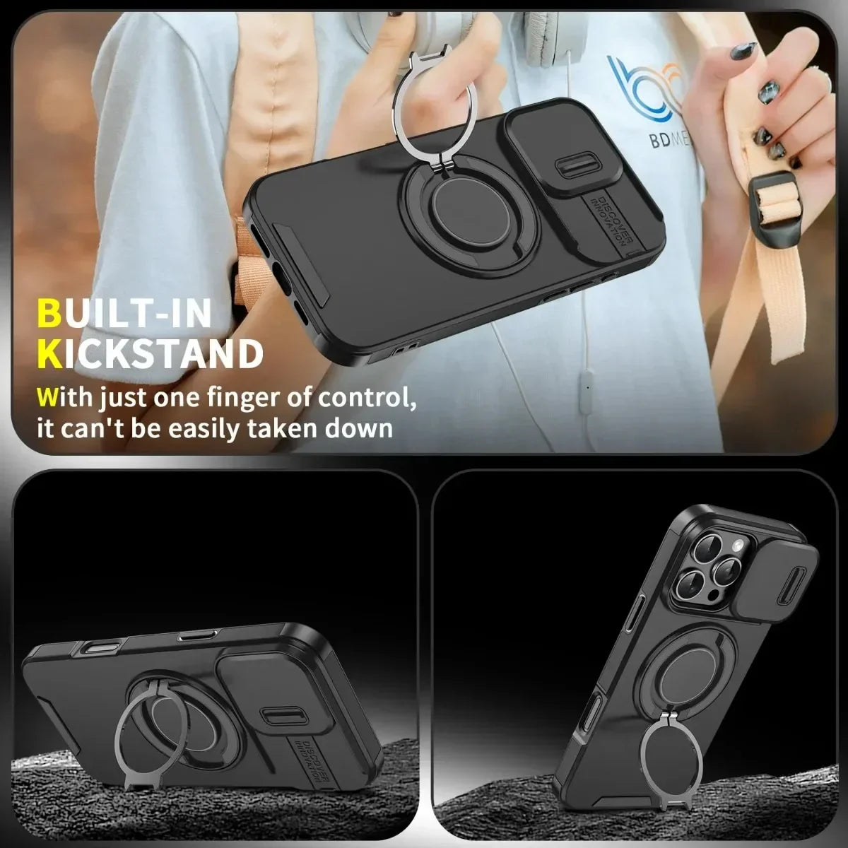 Armor Magnetic iPhone Case with Lanyard – Shockproof Slide Camera Protection for iPhone 11-16 Pro Max