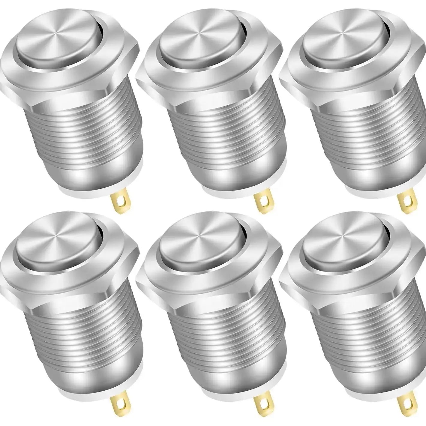 6PCS 12mm Momentary Push Button Switch – 12V Waterproof Chrome Stainless Steel, 2-Pin N/O Power Button