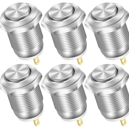 6PCS 12mm Momentary Push Button Switch – 12V Waterproof Chrome Stainless Steel, 2-Pin N/O Power Button