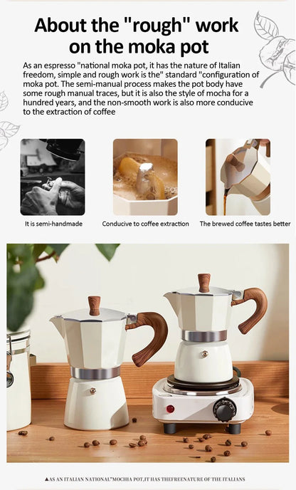 Vintage Wooden Handle Moka Pot – Classic Italian Espresso Maker 150ml/300ml for Home & Cafe Use
