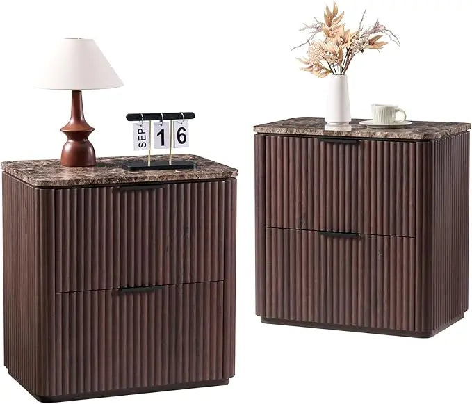Fluted Nightstand Set of 2 – Solid Wood Bedside Tables with 2 Drawers, Faux Marble Top, Curved Corners & Metal Handles
