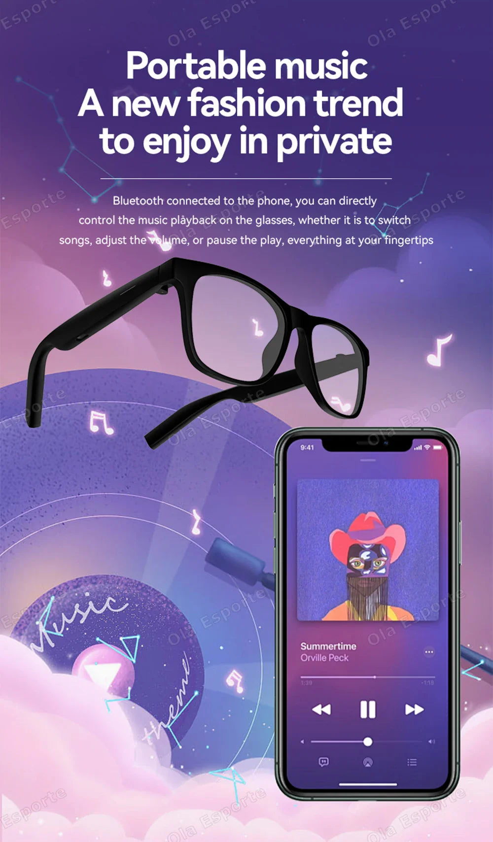 Ola Esporte Smart Glasses — Bluetooth Call Sunglasses, Multi-Functional Anti-Blue Light Wireless Headset for Men and Women