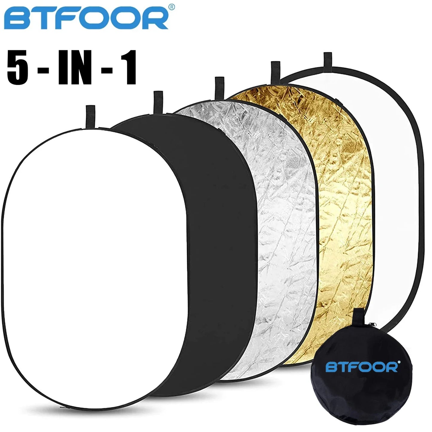 5-in-1 Collapsible Oval Photography Reflector 24"x35" 60x90cm Portable Light Diffuser Multi-Color Panel (90x120/100x150/150x200cm Options)