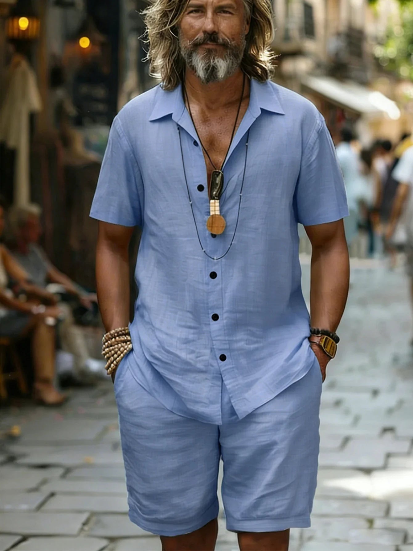 Men’s Cotton Shirt & Shorts Set - Short Sleeve Loose Fit Summer Beach Casual Two Piece Outfit