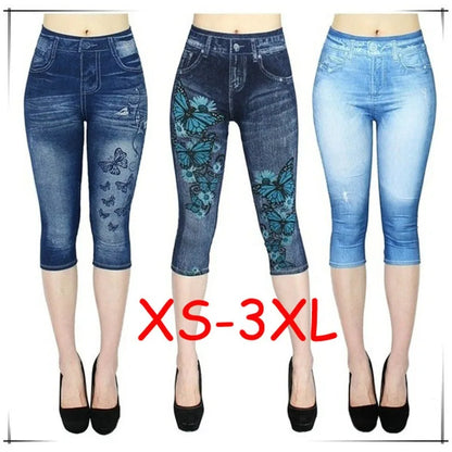 Women's Faux Denim Print Leggings - High-Waisted Stretch Cropped Pants for Casual & Outdoor Wear