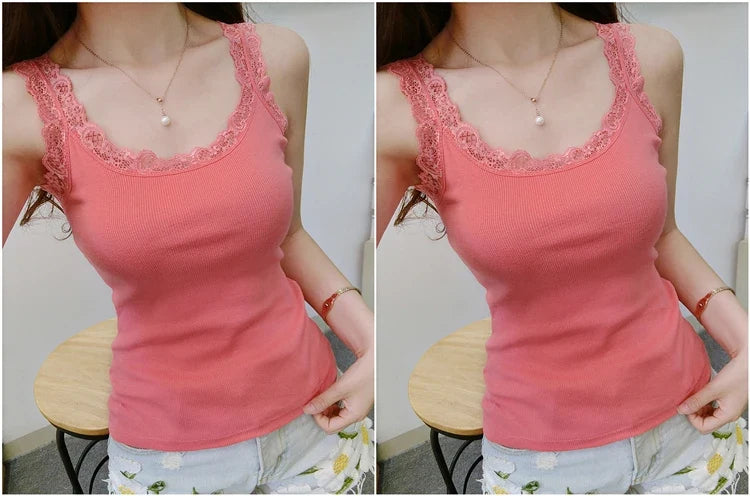 Women’s Summer Bodycon Sleeveless Tank Top – Sexy Lace Patchwork Slim Fit Camisole Vest Casual Fashion Tee Top