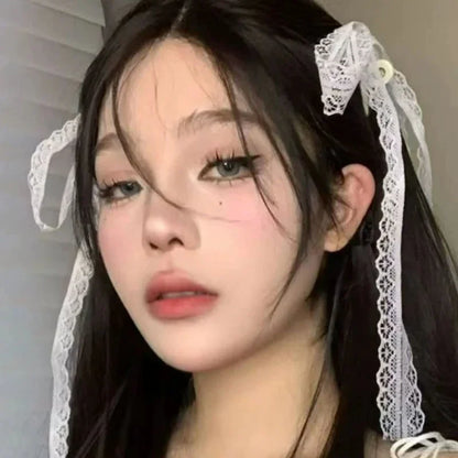 2pcs Korean Fashion Lace Bow Hairpins – White Ribbon Hair Clips for Women & Girls, Top Clip, Female Hair Accessories & Gifts
