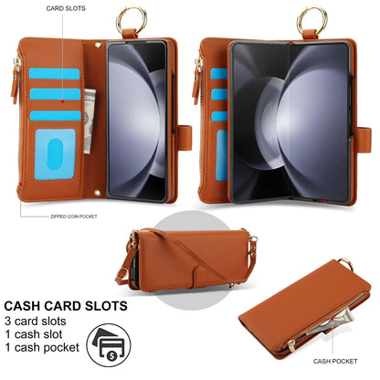 Crossbody Leather Wallet Case with Card Slots, Zipper & Kickstand for Samsung Galaxy Z Fold 3/4/5/6 – Wristband & Ring Holder