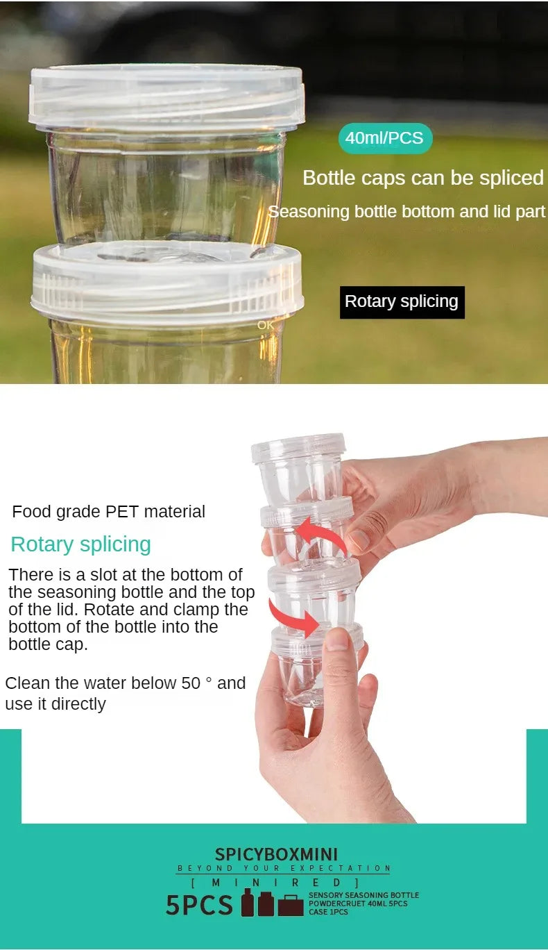Portable Travel Camping Spice Kit | Bag with 5 Clear Seasoning Bottles & Condiment Container Set