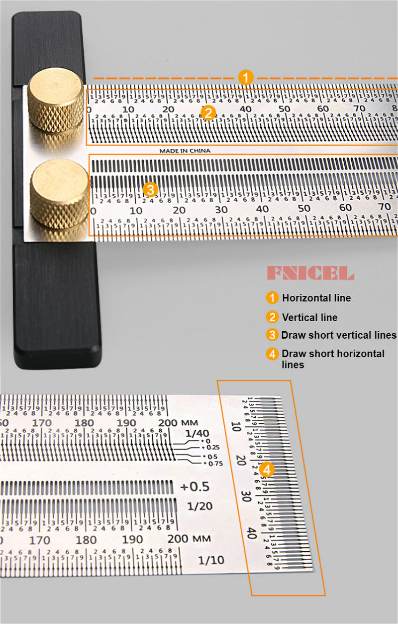 High Precision T-Type Scale Ruler — Stainless Steel Woodworking Scribing & Marking Gauge