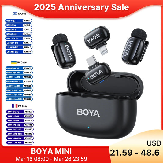 BOYA Mini Wireless Lavalier Microphone – Compatible with iPhone 15/16, Android Type-C, Mirrorless Cameras for Video Recording