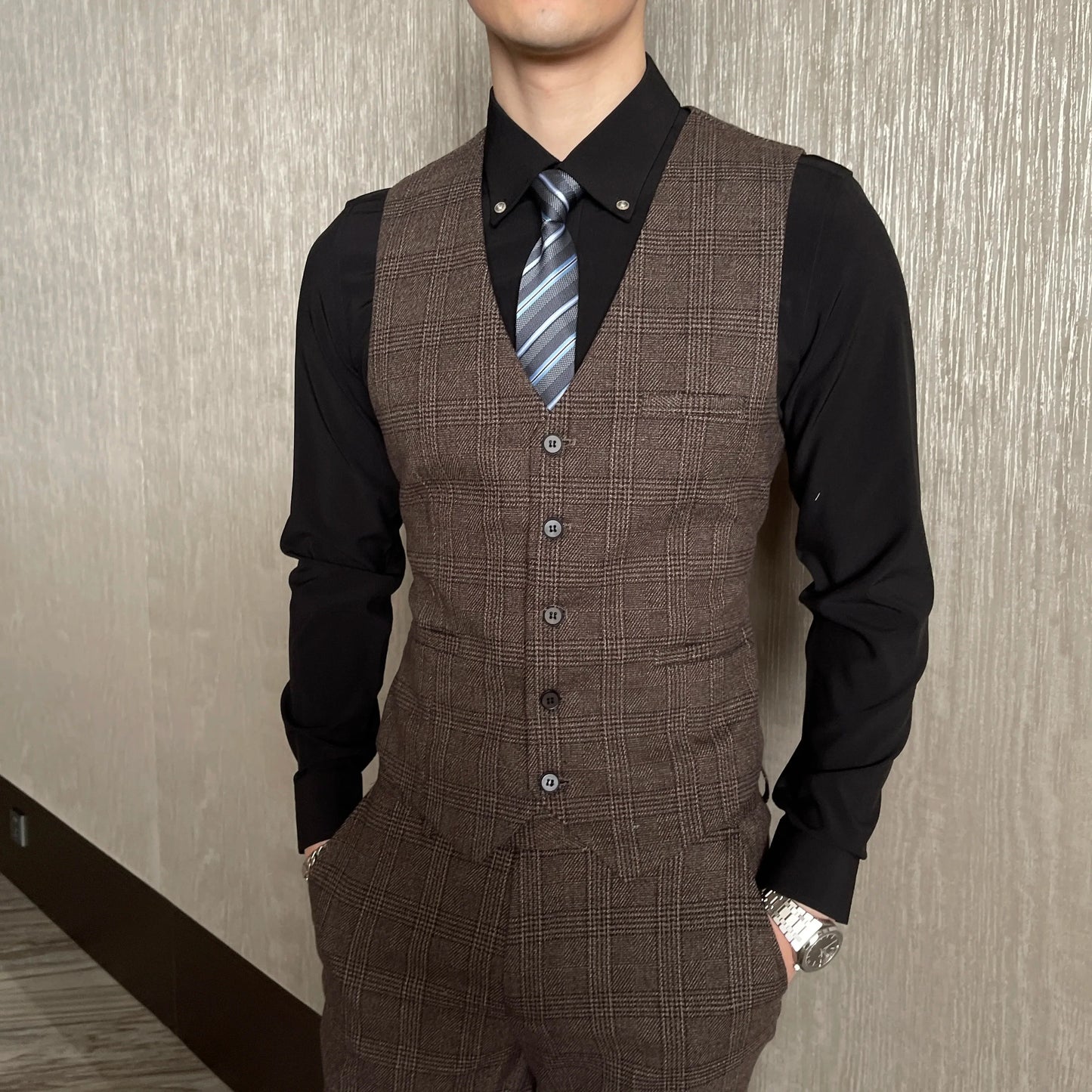 Men’s British Korean Plaid Three-Piece Suit – Stylish Business Casual Set with Blazer, Vest & Trousers