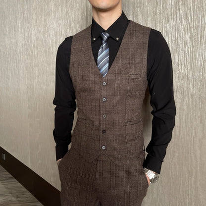 Men’s British Korean Plaid Three-Piece Suit – Stylish Business Casual Set with Blazer, Vest & Trousers