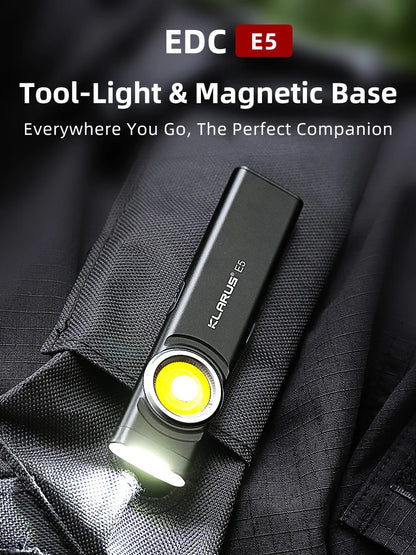 Klarus E5 COB Flashlight – Magnetic Dual Light Torch with 8 Lighting Modes, USB-C Rechargeable EDC Strobe for Emergency Use