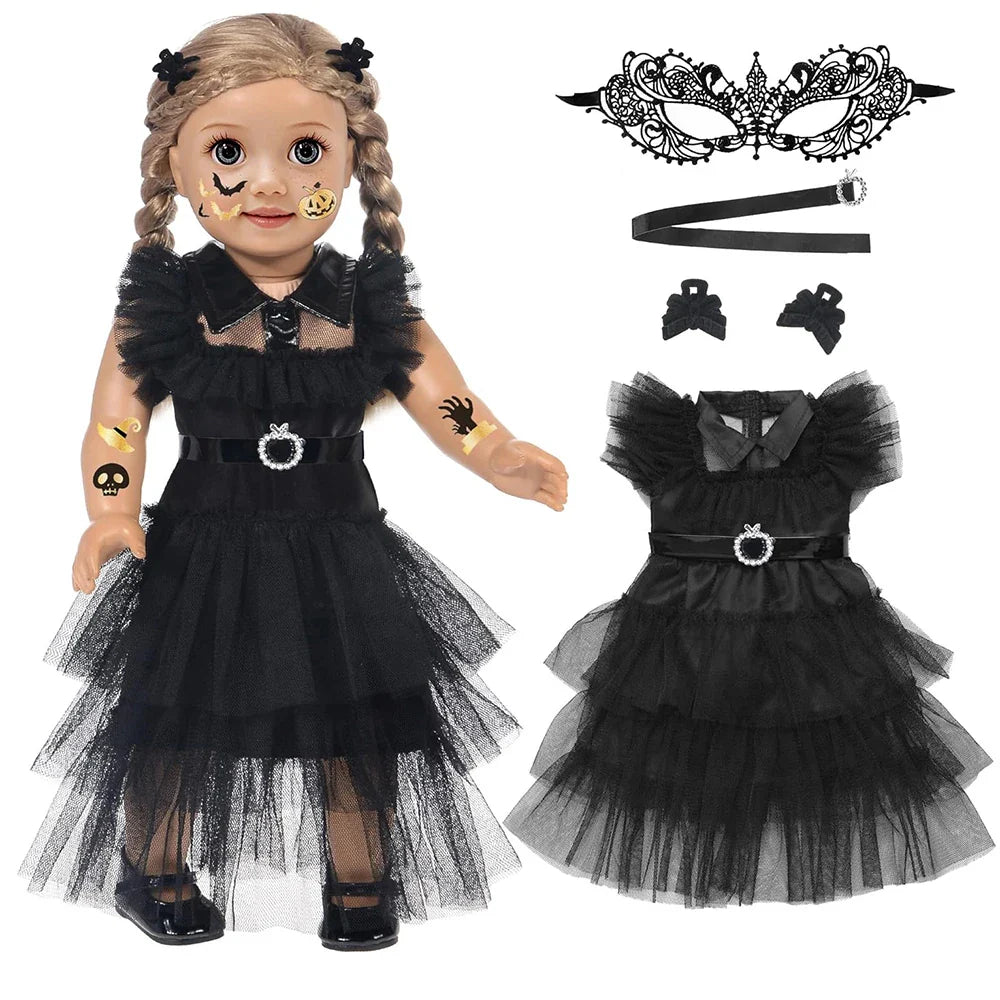 18-Inch Girl Doll Halloween Dress – Wednesday Outfit for 43–45cm American Girl Dolls, Skirt & Toy Gift Set