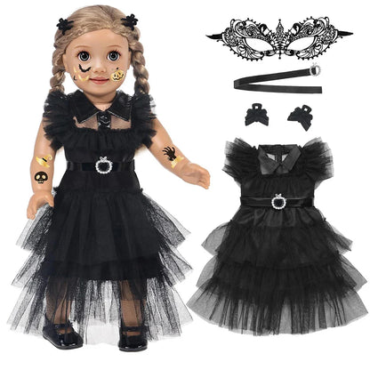 18-Inch Girl Doll Halloween Dress – Wednesday Outfit for 43–45cm American Girl Dolls, Skirt & Toy Gift Set