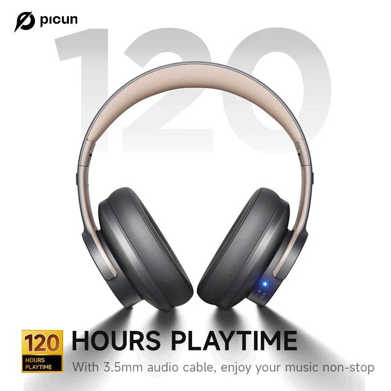 Picun B8 Bluetooth Headphones - 120H Playtime, Wireless Over-Ear Headset, 3EQ Mode, Low Latency, Hands-Free Calls