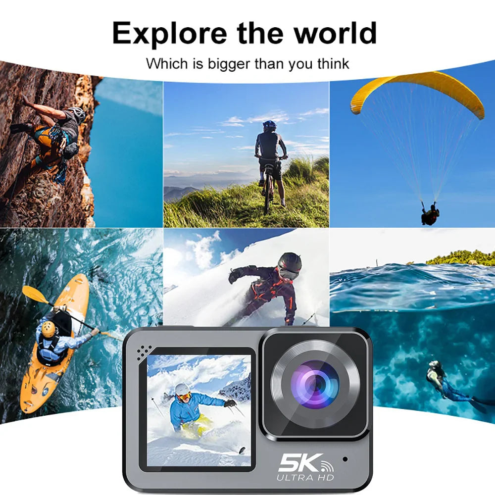 F6W Action Camera — 5K/4K60FPS, 48MP, 2.2" Touch LCD, EIS, Dual Screen, Wi-Fi, 170° Waterproof 30M, 8X Zoom Sports Camera with Wireless Mic
