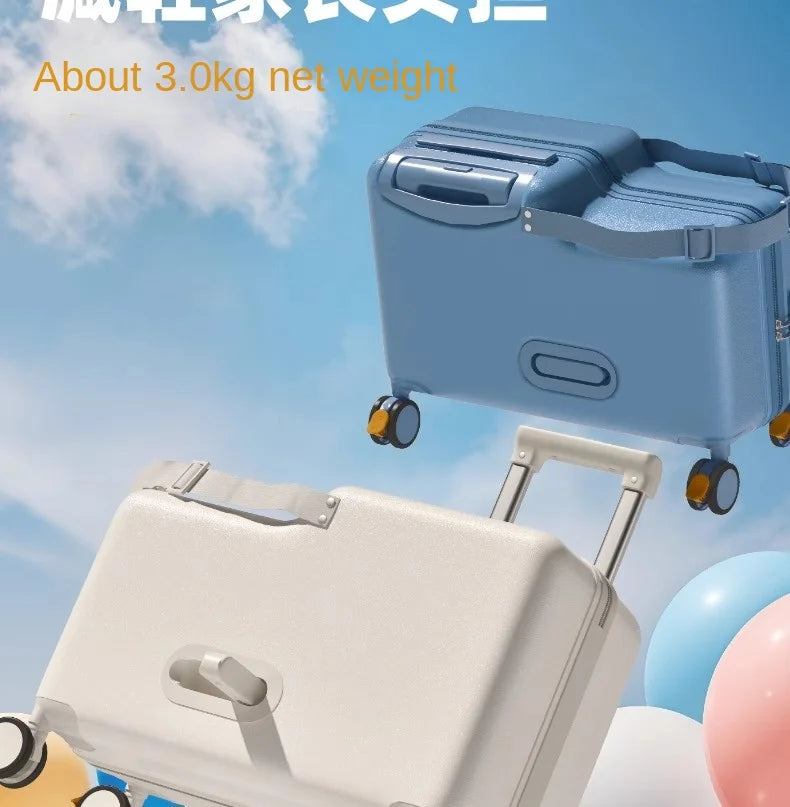 18-Inch Foldable Kids Suitcase with Seat – Lightweight PC Luggage for Boys & Girls, Compact Travel Pedal Boarding Case
