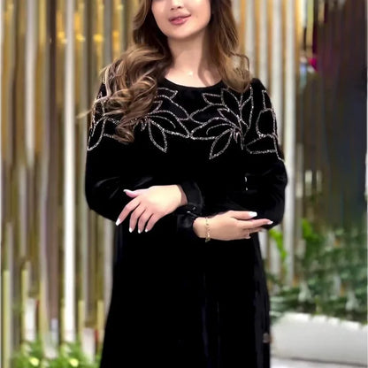 Women’s Eid Ramadan Velvet Abaya Dress 2026 – Diamond Embellished Dubai Jalabiya with Belt Muslim Party Gown
