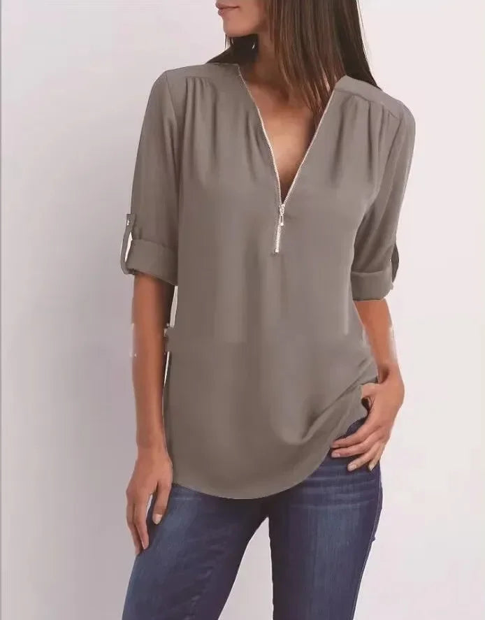 Women’s 2025 Hot Sale Loose Chiffon Blouse – Deep V-Neck Casual Top with Zipper Pullover Plus Size