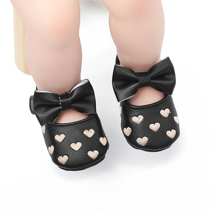 Baby Girls Bow-Knot Heart First Walker Shoes - Soft Anti-Slip Sole Dress Shoes for Infants 0-18M