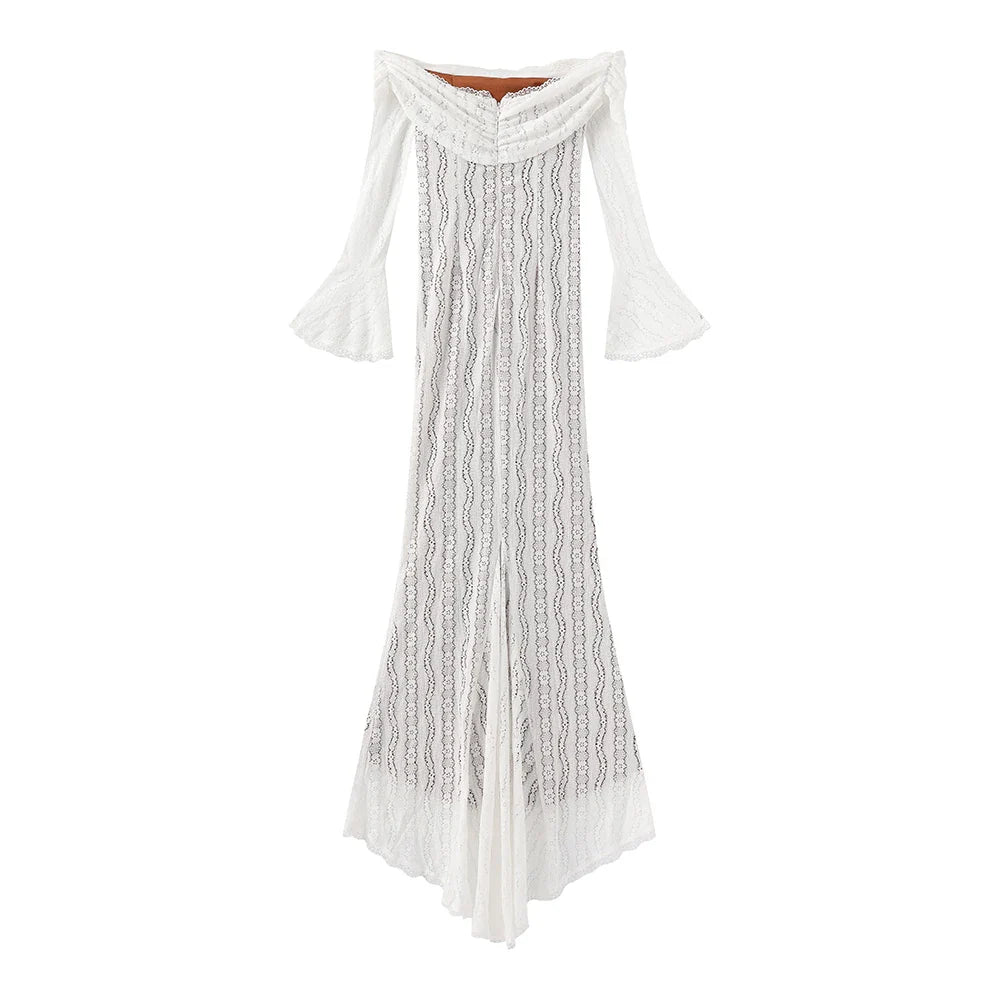 Suninheart White Off-Shoulder Bodycon Dress – 2025 Elegant Lace Long Sleeve Maxi Dress for Women, Wedding Guest Outfit