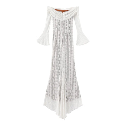 Suninheart White Off-Shoulder Bodycon Dress – 2025 Elegant Lace Long Sleeve Maxi Dress for Women, Wedding Guest Outfit
