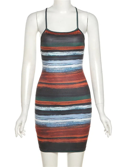 Kliou Striped Mini Dress - Sexy Backless Slash Neck Vintage Clubwear