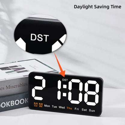 Voice Control Large Digital Wall Clock – LED Display with Temperature, Date, Week, DST, Snooze, Dual Alarm, 12/24H, Wall-Mounted or Table Use