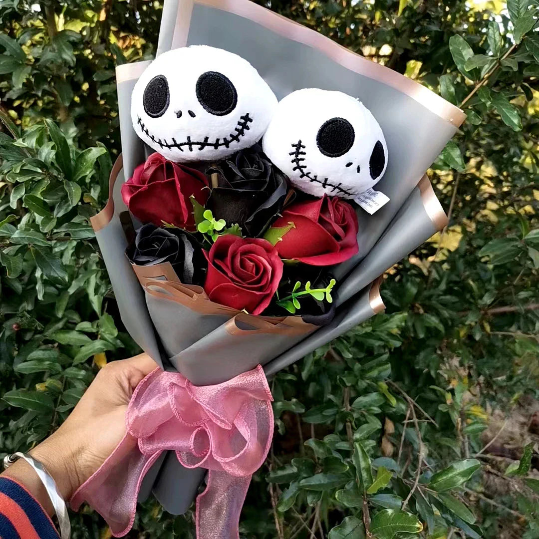Halloween Jack Skellington Plush Bouquet – Doll Toy with Soap Rose Flower, Terror Skull & Ghost for Christmas & Valentine’s Day Gifts