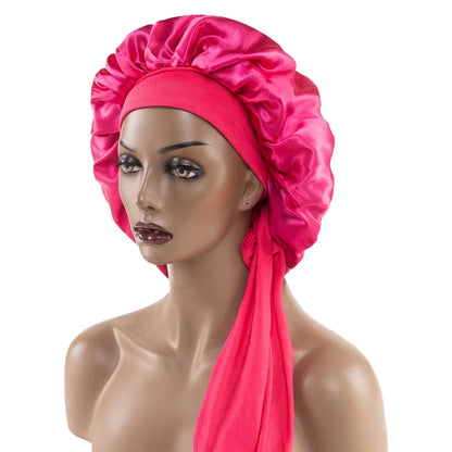 Satin Nightcap for Women - Wide Stretch, Extra-Large Long Tail, Shower Cap with Ribbon, Round Hat Hair Bonnet