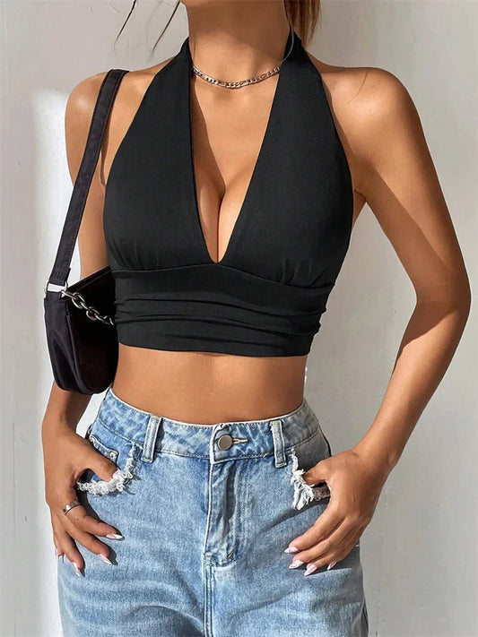 Women’s Sleeveless Halter Crop Top – Backless Deep V-Neck Solid Color Summer Streetwear Y2K Fashion Top 2024