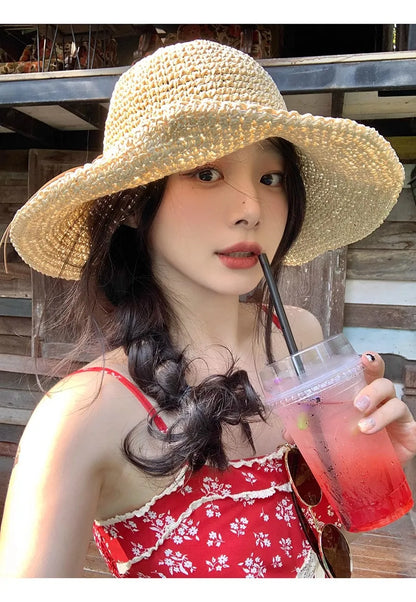 Women’s Holiday Beach Sun Hat – Large Brim Woven Straw Fisherman Hat with Bow, Seaside Sun Protection Panama Chapeau Korean Style
