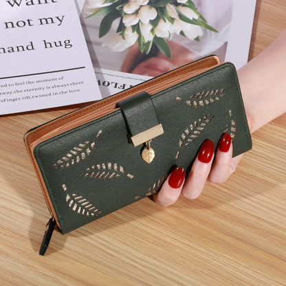 Women’s Long PU Leather Wallet – Gold Hollow Leaf Design Clutch Purse with Coin Pocket & Card Holders