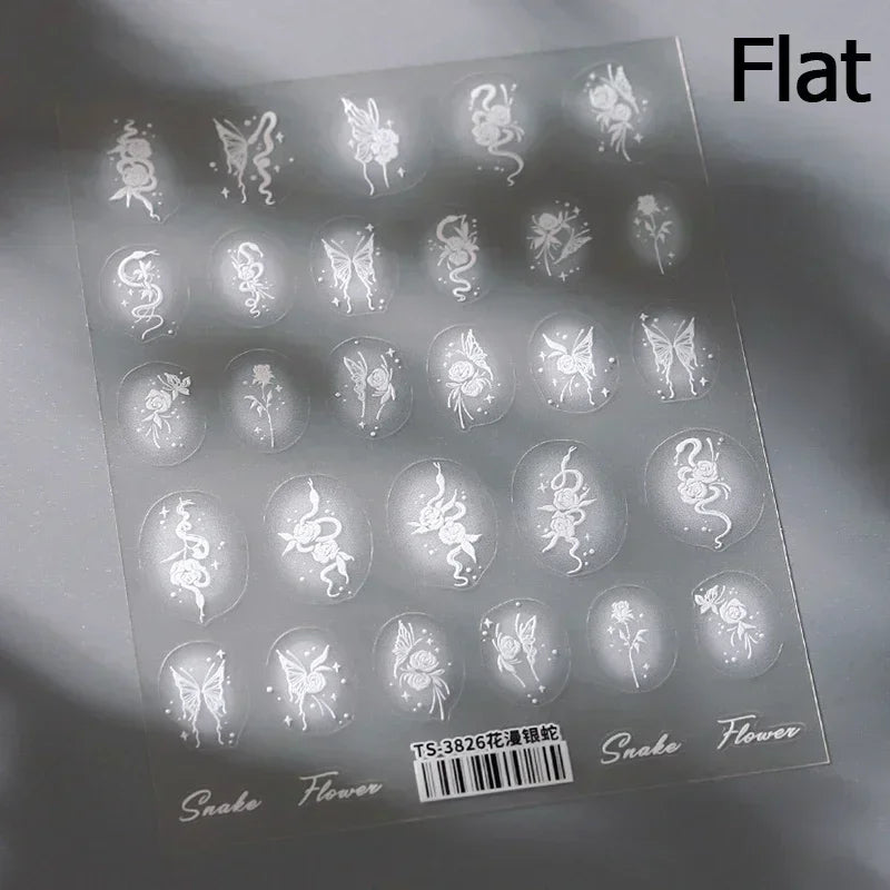 5D Gold Stamped Nail Art Stickers - Silver Sun Stars Snake Chinese Style Self-Adhesive Manicure Decals