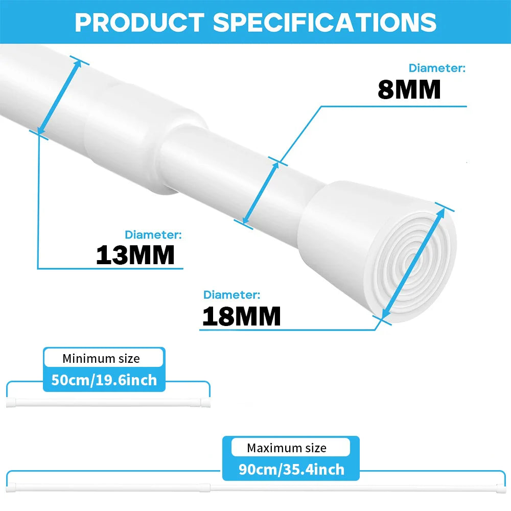 Adjustable Spring Tension Curtain Rods – Durable Extendable Telescopic Poles for Bathroom, Kitchen & Cupboard, No-Drill Installation