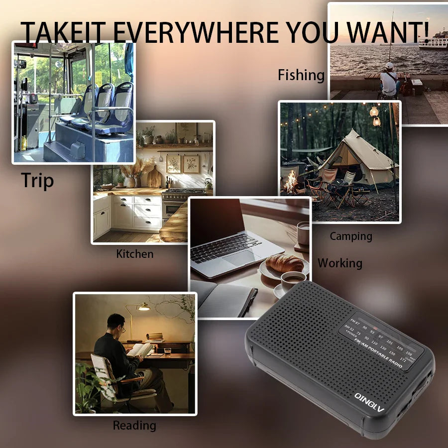 Mini FM/AM Two-Band Radio — 1W Loud Speaker with 3.5mm Headphone Jack & 180° High-Performance Antenna for Home Use