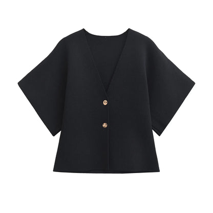 2024 Women’s Casual V-Neck Short Sleeve Knitted Top – Simple Plain Autumn Fashion