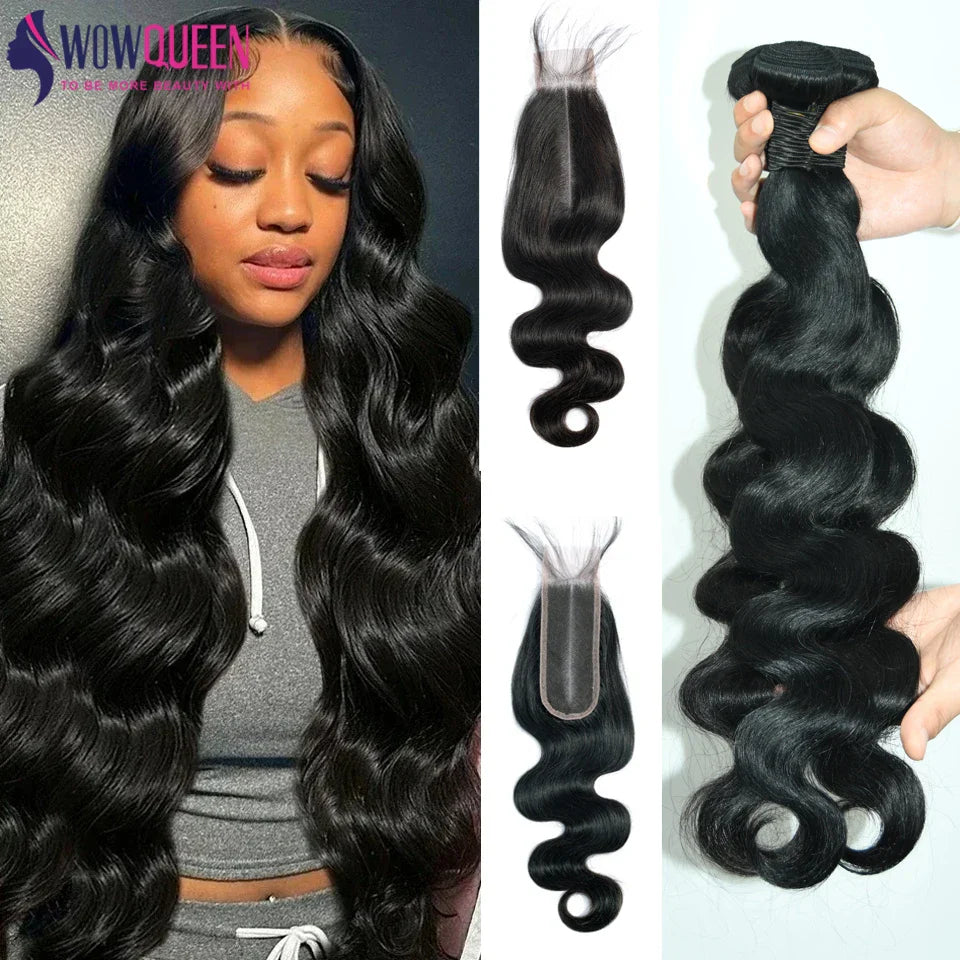 Body Wave Bundles with Closure – 2x6 Brazilian Hair Weave, 3/4 Bundles with Lace Closure, Natural Human Hair