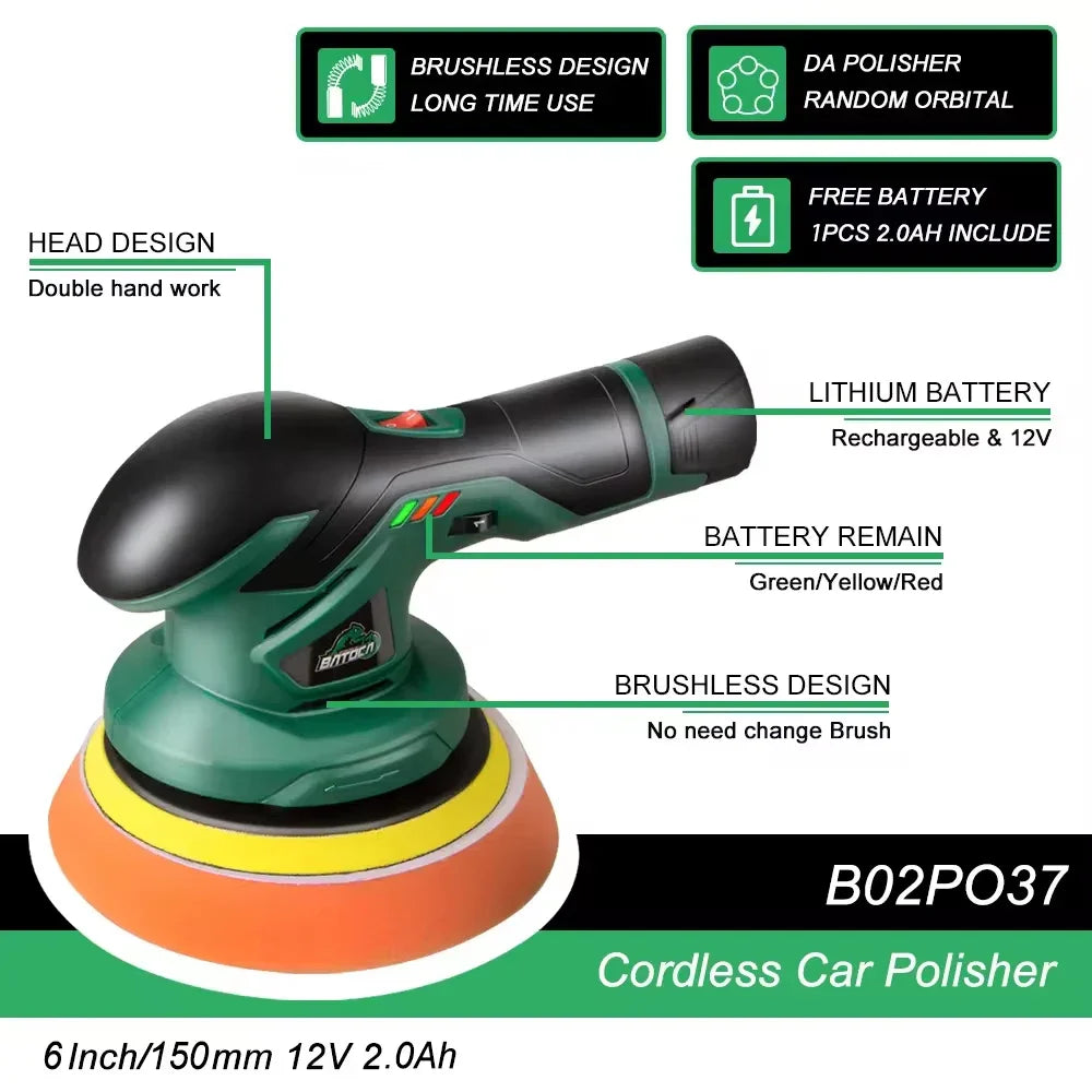 BATOCA 12V Cordless Dual Action Car Polisher — Wireless Electric Polishing Machine with Adjustable Power Tools