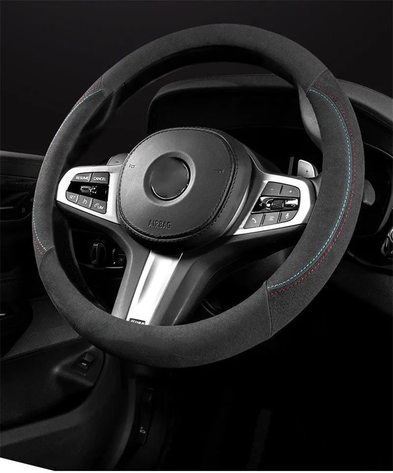 Universal Cowhide Suede Steering Wheel Cover — Breathable 37-38cm Car Steering Wheel Wrap Accessories