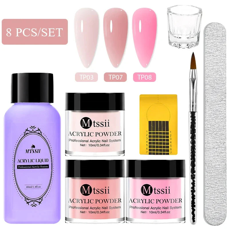 Nail Crystal Powder Kit – Acrylic Liquid Set with Pink & White Powder, Nail Brush for Extension & Carving, Beginner Set