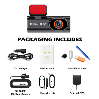 Aprilboy K6 4K WIFI Dash Cam - Front & Rear Dual Lens, 1080P Night Vision, Parking Monitor, Mini Car DVR