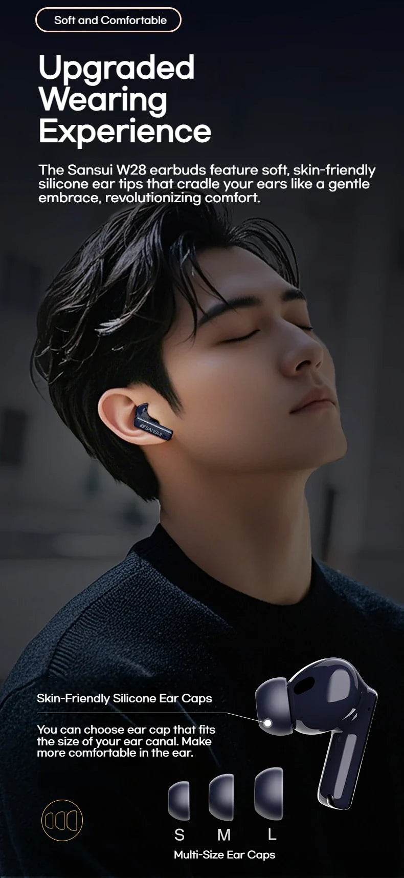 Sansui W28 ANC Bluetooth Earbuds – -52dB Noise Cancelling, 6-Mic HD Calls, In-Ear Detection, Comfort Fit for Sports & Work