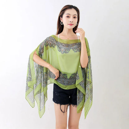 Women’s Summer Beach Shawl – Loose Chiffon Bikini Cover-Up Blouse with Buttons Sun Protection Scarf