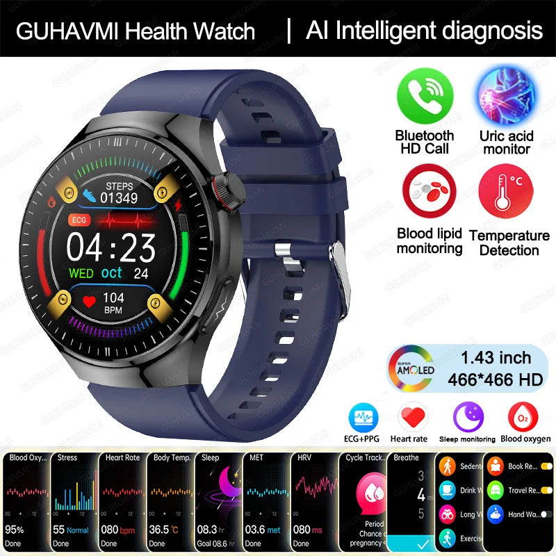 2025 Nursing-Grade Smartwatch — Blood Oxygen, Lipid, Uric Acid, ECG+PPG, Body Temperature & Bluetooth Call Health Tracker