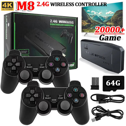 M8 Game Stick 4K Linux OS TV Video Game Console - Built-in 10000+ Games, 2.4G Dual Wireless Handle, 64GB Storage, 3D Games for PS1 SFC