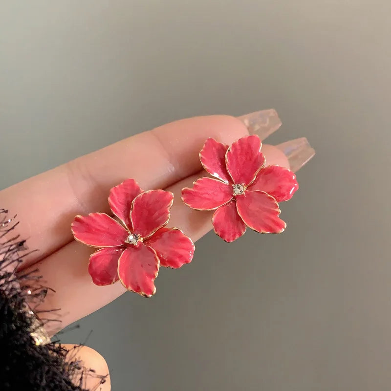 Modern 925 Silver Red Flower Stud Earrings — Spring/Summer Popular Big Earrings for Women & Girls, Fashion Jewelry Gift