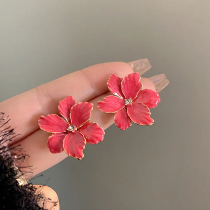 Modern 925 Silver Red Flower Stud Earrings — Spring/Summer Popular Big Earrings for Women & Girls, Fashion Jewelry Gift